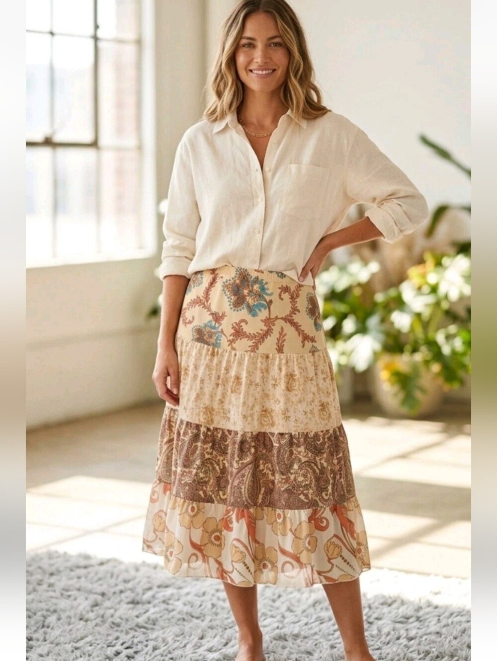 Vintage Y2K Express Floral Paisley Boho Tiered Festival Peasant Midi Skirt Tan L